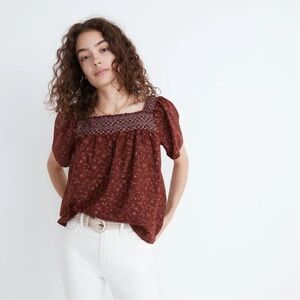Madewell Square Neck Smocked Top in Rusty Burgundy Dotted Vines Medium